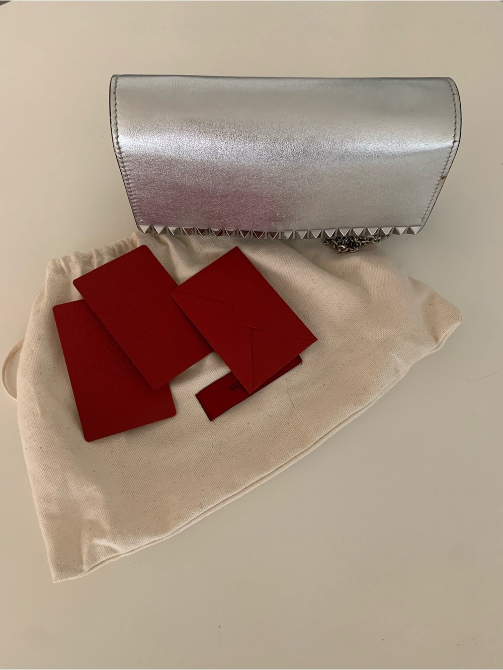 Valentino Silver Metallic Stud-Trim Evening Clutch